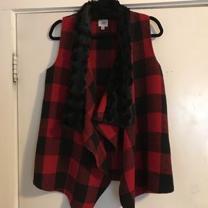 stylish red plaid vest with fur trim